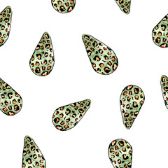 avocado pattern with animal print, leopard and Safari pattern. Avocado watercolor and marker graphics and delicate watercolor transitions