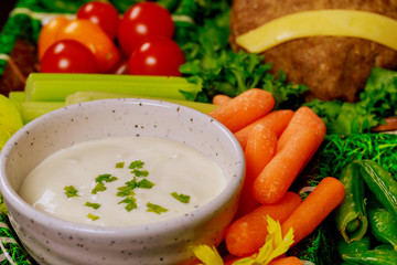 Vegetable platter with ranch dipping close up.