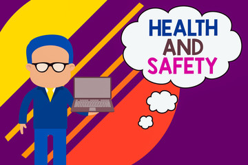Handwriting text writing Health And Safety question. Conceptual photo regulations and procedures intended to prevent accident Standing man in suit wearing eyeglasses holding open laptop photo Art
