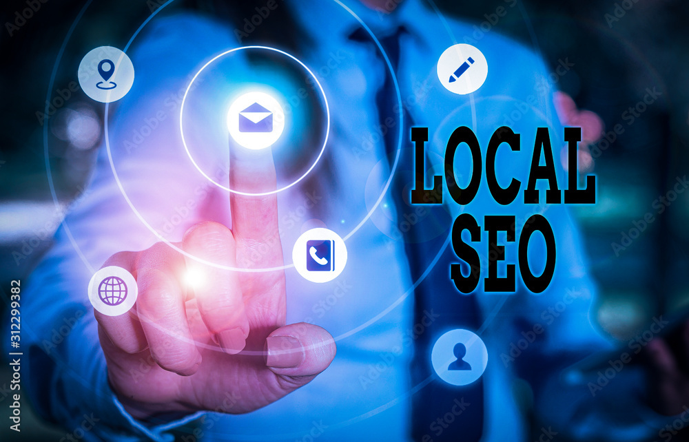 Poster writing note showing local seo. business concept for optimize your website to rank better for a loca