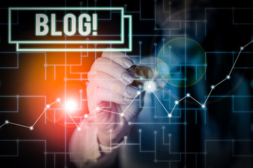 Word writing text Blog. Business photo showcasing regularly updated website web page run by individual Woman wear formal work suit present presentation using smart latest device
