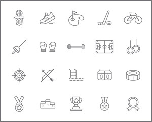 Set of sport Icons line style. Included the icons as gymnastics, medal, boxing, athlete, swimming, award and more. customize color, stroke width control , easy resize.