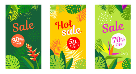 Vector design sale templates set, backgrounds with copy space. Summer background for social media stories, banner, poster, greeting card and advertising. Summer vacation concept with tropical flowers.