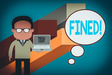 Writing note showing Fined. Business concept for clarify beer by causing precipitation of sediment during production Standing man in suit wearing eyeglasses holding open laptop photo Art