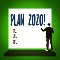 Handwriting text Plan 2020. Conceptual photo detailed proposal doing achieving something next year Short hair immature young man stand in front of rectangle big blank board