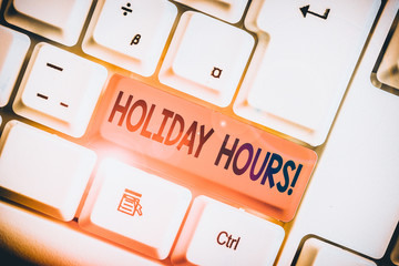 Conceptual hand writing showing Holiday Hours. Concept meaning Overtime work on for employees under...