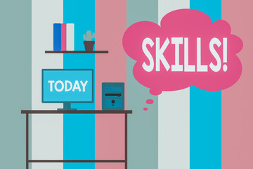 Text sign showing Skills. Business photo showcasing ability do something very well by nature Desktop computer wooden table background shelf books flower pot ornaments