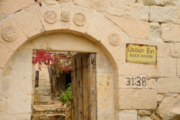 Front entrance to Urgup Evi rock house cave hotel in Cappadocia Turkey