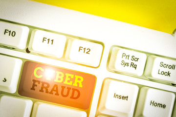 Word writing text Cyber Fraud. Business photo showcasing any crime that is committed with the use of a computer White pc keyboard with empty note paper above white background key copy space