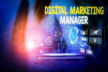 Word writing text Digital Marketing Manager. Business photo showcasing optimized for posting in online boards or careers Woman wear formal work suit presenting presentation using smart device