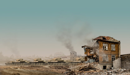 A troop of tanks rushing through a suburb with a demolished house in the foreground