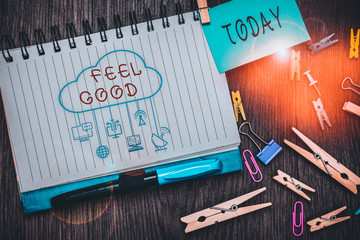 Text sign showing Feel Good. Business photo text relating to or promoting an often specious sense of satisfaction