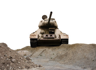 A war scene of the front side of a tank on a gravel hill aiming forward isolated on white