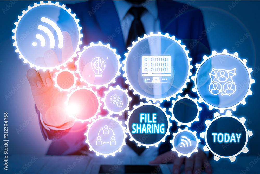 Poster writing note showing file sharing. business concept for transmit files from one computer to another 