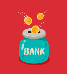 Glass jar and gold coins falling into it. Bank, moneybox, money vector illustration