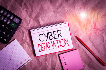 Text sign showing Cyber Defamation. Business photo text slander conducted via digital media usually...