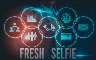 Writing note showing Fresh Selfie. Business concept for take a picture of yourself with no makeup filter or edit Woman wear formal work suit presenting presentation using smart device