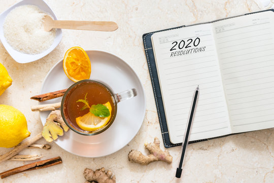 2020 New year resolutions lay flat, healthy diet concept image with copy space for text.