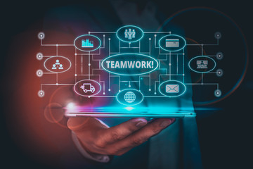 Naklejka premium Word writing text Teamwork. Business photo showcasing combined action of group especially when effective and efficient Male human wear formal work suit presenting presentation using smart device