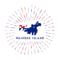 Waiheke Island sunburst badge. The island sign with map of Waiheke Island with New Zealander flag. Colorful rays around the logo. Vector illustration.