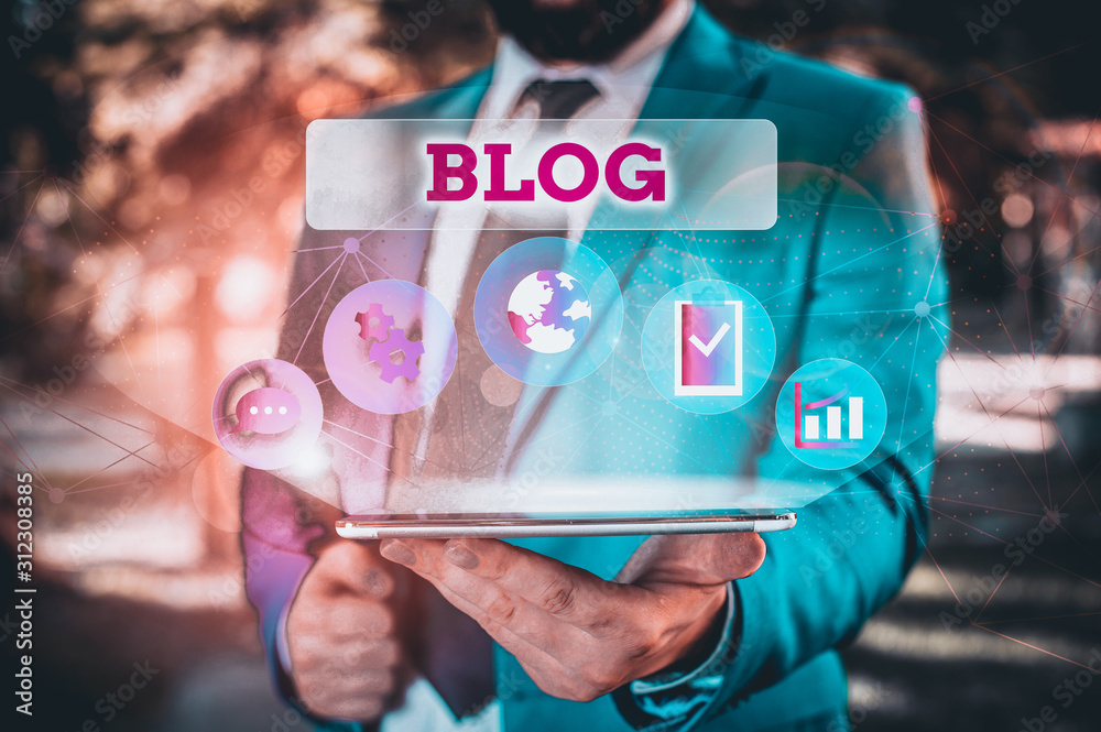 Poster Writing note showing Blogquestion. Business concept for regularly updated website web page run by individual Male human wear formal suit presenting using smart device
