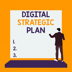 Text sign showing Digital Strategic Plan. Business photo text creat schedule for marketing product or brand Back view young man dressed suit standing platform facing blank rectangle