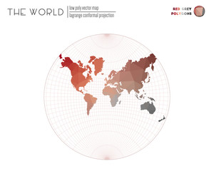 Low poly world map. Lagrange conformal projection of the world. Red Grey colored polygons. Stylish vector illustration.