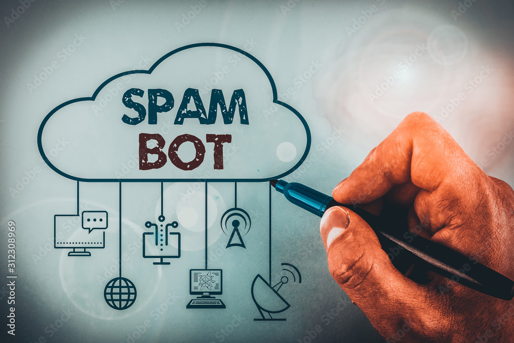 Poster word writing text spam bot. business photo showcasing autonomous program on the internet that sends 
