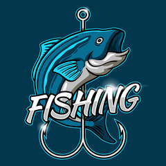Cool blue Fish wrapped around hook with typography text esport logo style vector illustration for fly fishing shop and fisherman activity club badge design © mnaufal design