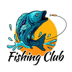 fish jumping for bait hook with sun background and splash water vector illustration for fisherman club fishing tournament logo badge template design