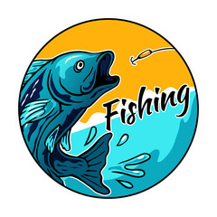 Fish jumping for eat bait hook in circle frame vector illustration for fisherman club or fishing tournament event badge logo template design.