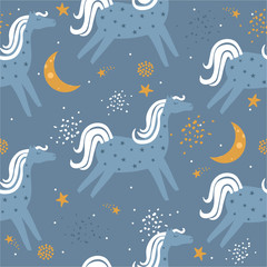 Horses, hand drawn backdrop. Colorful seamless pattern with animals, moon, stars. Decorative cute wallpaper, good for printing. Overlapping colored background vector. Design illustration