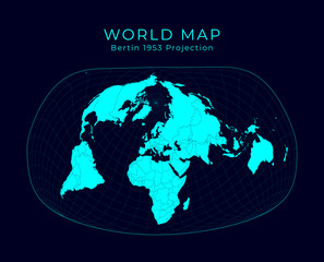 Map of The World. Jacques Bertin's 1953 projection. Futuristic Infographic world illustration. Bright cyan colors on dark background. Charming vector illustration.