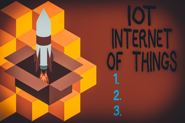 Handwriting text writing Iot Internet Of Things. Conceptual photo Network of Physical Devices send and receive Data Fire launching rocket carton box. Starting up project. Fuel inspiration