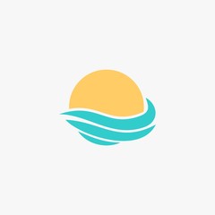Sea wave logo design. Sunset sunrise illustration design. Wave and sun vector icons.