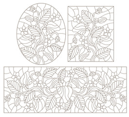 Set contour illustrations in the stained glass style, strawberry and Lotus , dark outline on a white background