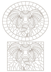 Set of contour illustrations of stained glass Windows with elephant heads isolated on white background