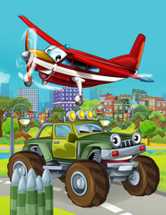 Obraz na płótnie Canvas cartoon scene with military army car vehicle on the road and plane flying over - illustration for children