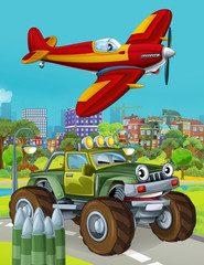 Fototapeta premium cartoon scene with military army car vehicle on the road and plane flying over - illustration for children