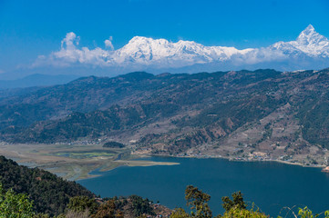 Fototapeta premium Phewa lake and Himalaya (Annapurna) view in Pokhara, Nepoal