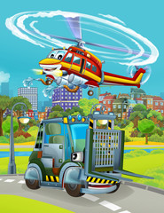 cartoon scene with military army car vehicle on the road and fireman helicopter flying over - illustration for children