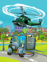Obraz na płótnie Canvas cartoon scene with military army car vehicle on the road and helicopter flying over - illustration for children