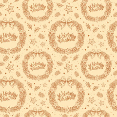 Christmas wreath of plants and textile stars. Collection of Christmas illustrations.  Christmas plants, holly. Hand sketched vector vintage element. Happy New Year. Vector seamless christmas pattern. 