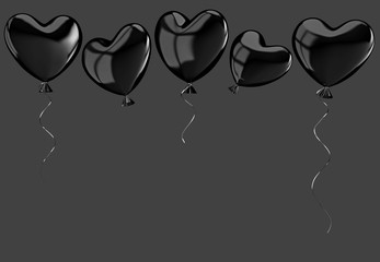 Flying black balloons in form of heart isolated on gray. Clipping path included