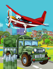 Obraz na płótnie Canvas cartoon scene with military army car vehicle on the road and fireman plane flying over - illustration for children