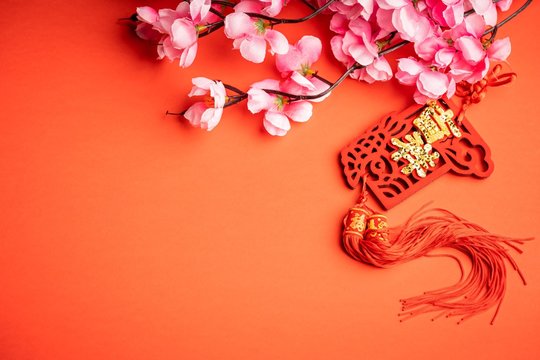Chinese New Year background. Chinese ornaments and pink flower. The word on the ornament is chinese word which means “Good Luck”. 