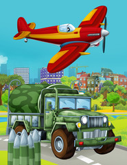 cartoon scene with military army car vehicle on the road and fireman plane flying over - illustration for children