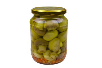 Delicious marinated mushrooms in glass jar isolated on white background