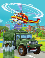 cartoon scene with military army car vehicle on the road and fireman helicopter flying over - illustration for children