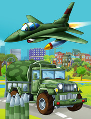 cartoon scene with military army car vehicle on the road and jet plane flying over - illustration for children